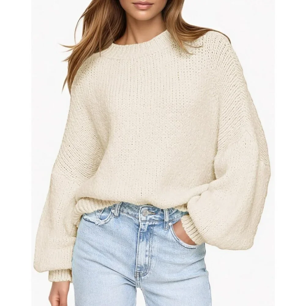 Women’s Oversized Chunky Knit Sweater Lantern Sleeve Mock Neck Casual Top